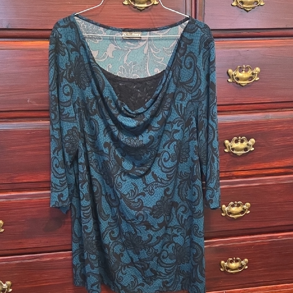 JMS Teal and Black Patterned 3/4 Sleeve Top Size M